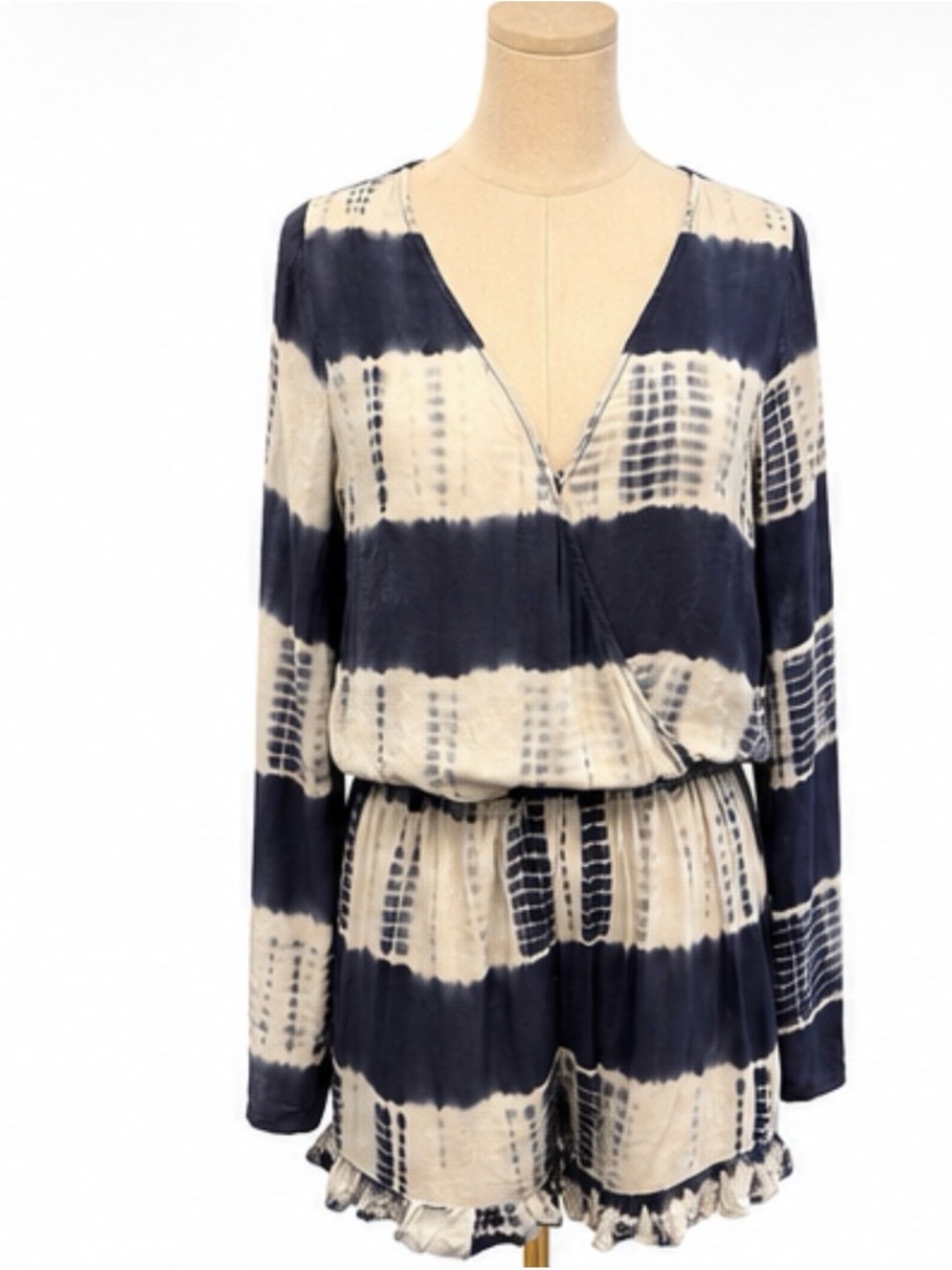 Anthropologie Entro Tie-Dye Faux Wrap Romper Long Sleeve Lined Shorts Small